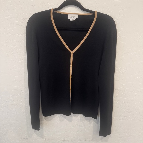 LOFT Sweaters - Ann Taylor LOFT Cardigan Womens Medium Black Tan Trim Silk Button Front Capsule